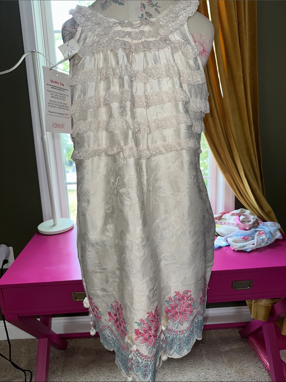 White Silk Lace-Trim Ruffle Sundress with Floral Hem